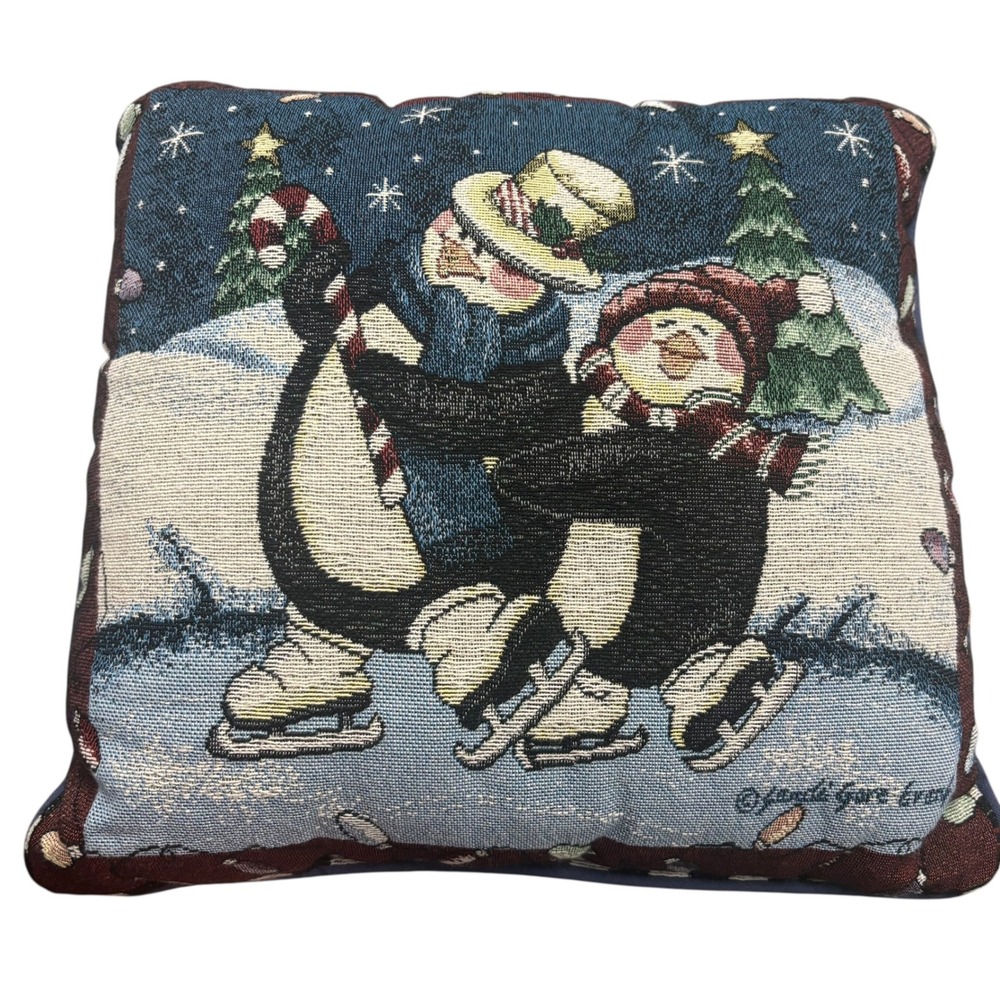 Vintage Tapestry‎ Pillow Jacquard Gare Evans Penguin Ice Skating Christmas Decor